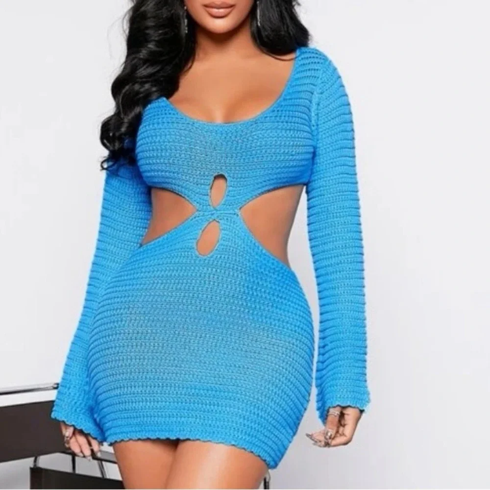 Sexy Blue Knit Dress Size Medium‎ Beach Club Party Date Crochet Cut Out Boho Hot